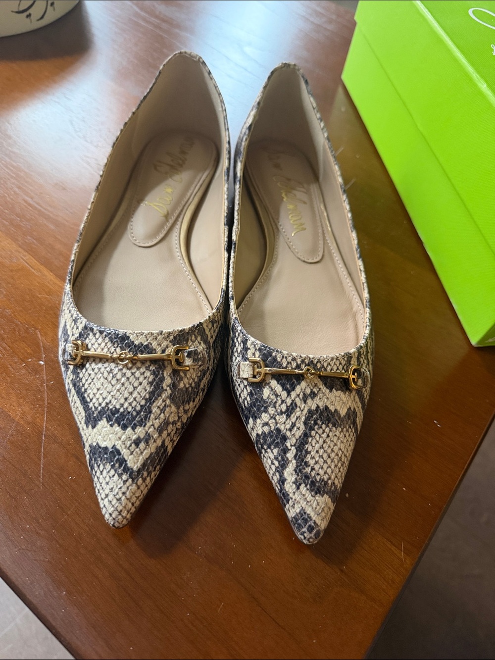 Sam Edelman Snake-Print Pointed Flats with Gold Bit